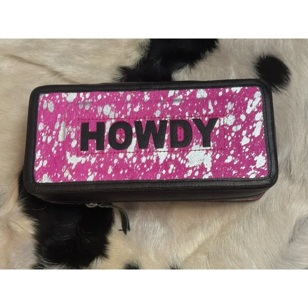 PINK Acid Wash HOWDY Hide & Leather Zip Travel Dresser Jewelry Box Cuff Case